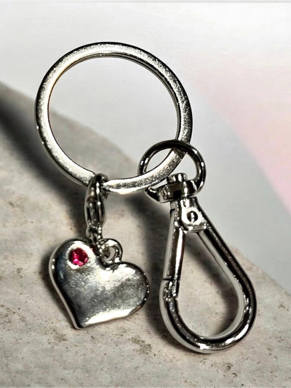 Heart Charm Keychain in Silver & Pink